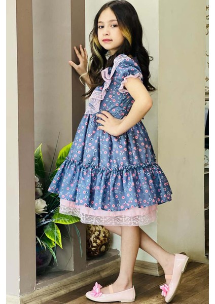 Kız Çocuk Göğsü ve Omuzları Fırfır Dantel Işlemeli Üzeri Çiçek Detaylı Elbise modelleri