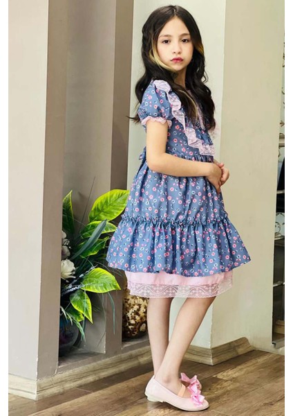 Kız Çocuk Göğsü ve Omuzları Fırfır Dantel Işlemeli Üzeri Çiçek Detaylı Elbise fırsatları