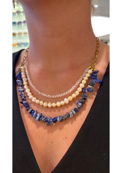 Lapis Lazuli Üçlü İnci Kolye