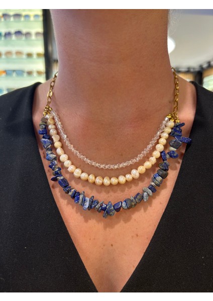 Lapis Lazuli Üçlü İnci Kolye