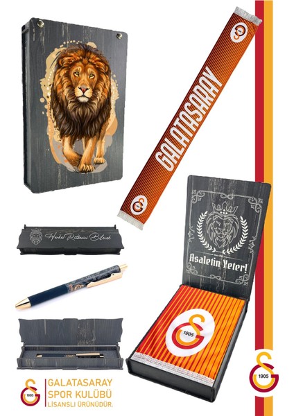 Lisanslı Çift Yön Baskılı Şal Kaşkol Atkı ve Hybrit Tükenmez Kalem Set Aslan Baskılı Ahşap Kutulu