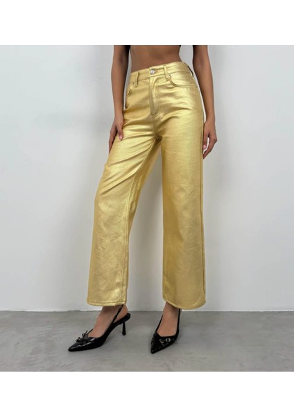 Metalik Gold Renk Pantolon , Bol Paça Pantolon, Yüksek Bel Pantolon, Cepli Pantolon
