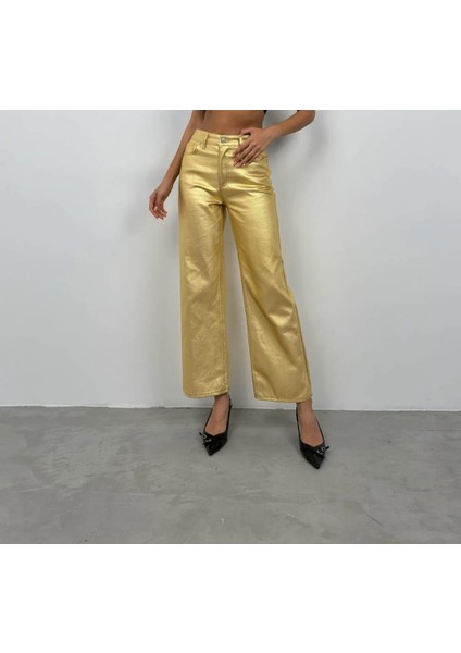 Metalik Gold Renk Pantolon , Bol Paça Pantolon, Yüksek Bel Pantolon, Cepli Pantolon modelleri