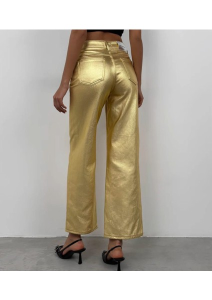 Metalik Gold Renk Pantolon , Bol Paça Pantolon, Yüksek Bel Pantolon, Cepli Pantolon fırsatları