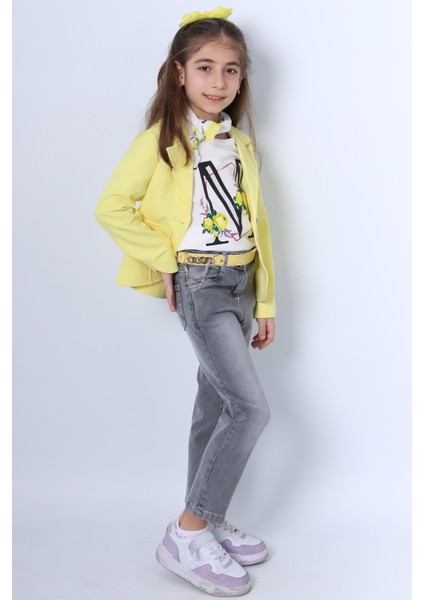 Kız Çocuk Ceketli 3`lü Takım Fularlı Kot Pantolonlu Zincir Detaylı F23