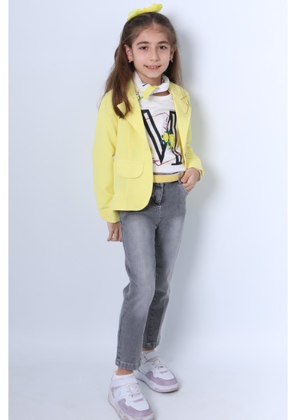 Kız Çocuk Ceketli 3`lü Takım Fularlı Kot Pantolonlu Zincir Detaylı F23 fiyatları