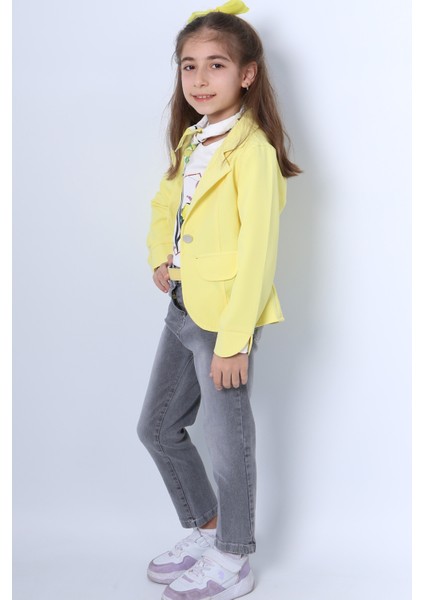 Kız Çocuk Ceketli 3`lü Takım Fularlı Kot Pantolonlu Zincir Detaylı F23 modelleri