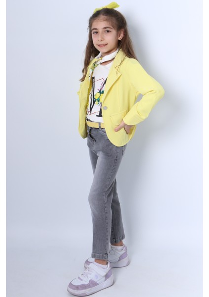 Kız Çocuk Ceketli 3`lü Takım Fularlı Kot Pantolonlu Zincir Detaylı F23 fırsatları