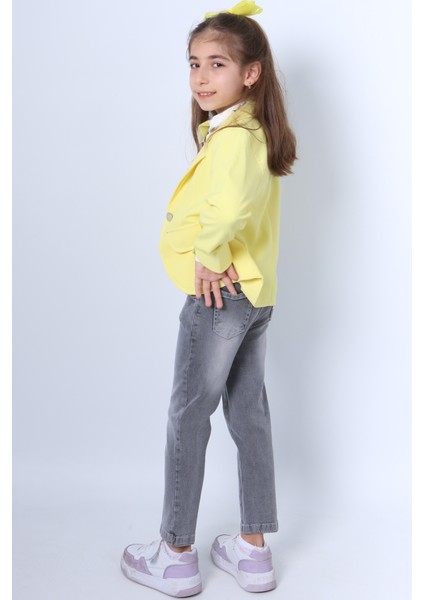 Kız Çocuk Ceketli 3`lü Takım Fularlı Kot Pantolonlu Zincir Detaylı F23 indirimleri