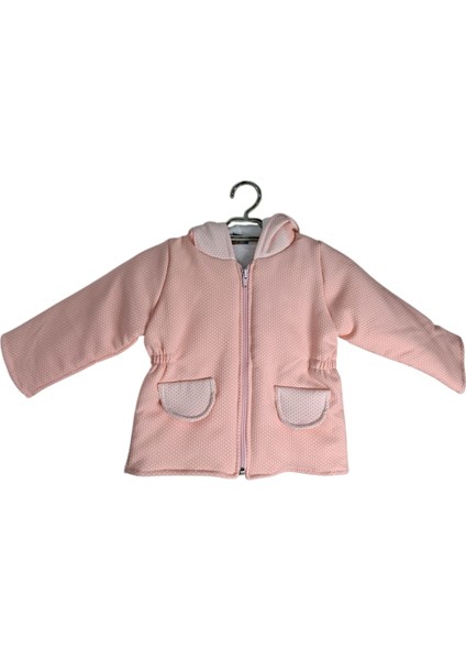 Kız Çocuk Bebe Yavruağzı Renk Beli Büzgüllü Lastikli Tavşan Kulak Kapşonlu Mont