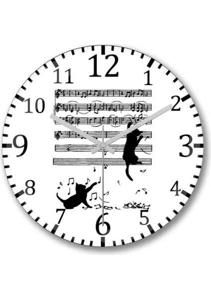Turuncu modern kedi temalı notalı duvar saati, gerçek cam, 30x30 cm