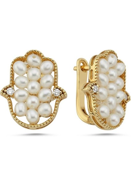 14 Ayar Altın Fatma Elli Doğal İnci 0,07 Ct Pırlanta Küpe