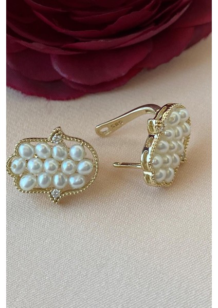 14 Ayar Altın Fatma Elli Doğal İnci 0,07 Ct Pırlanta Küpe modelleri