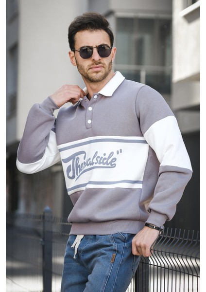 Real Side Baskılı Üç Iplik Şardonlu Slim Fit Polo Yaka Erkek Sweatshirt