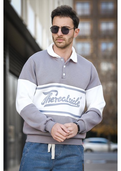 Real Side Baskılı Üç Iplik Şardonlu Slim Fit Polo Yaka Erkek Sweatshirt modelleri