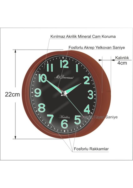 Kahve Çerçeveli Gece Görünen Işıldayan Fosforlu Sessz Duvar Saati