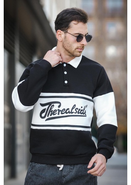 Real Side Baskılı Üç Iplik Şardonlu Slim Fit Polo Yaka Erkek Sweatshirt modelleri