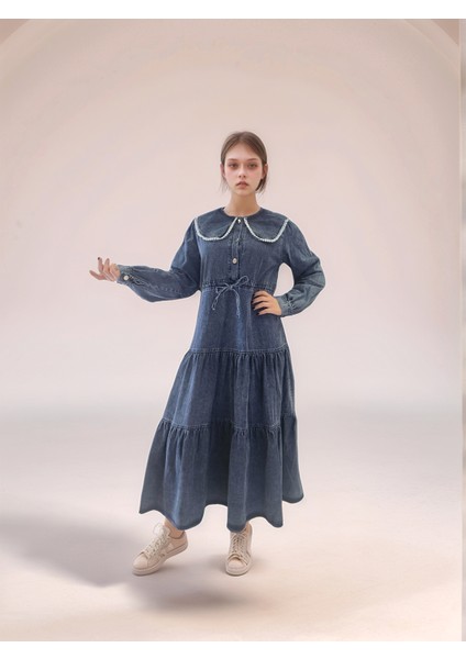 Kız Çocuk Denim Kot Kumaş %100 Pamuk Orta Kalınlıkta Çocuk Elbisesi - Şık ve Rahat Uzun ELBISE-ELB-0028