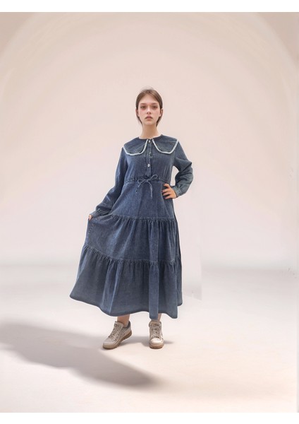 Kız Çocuk Denim Kot Kumaş %100 Pamuk Orta Kalınlıkta Çocuk Elbisesi - Şık ve Rahat Uzun ELBISE-ELB-0028