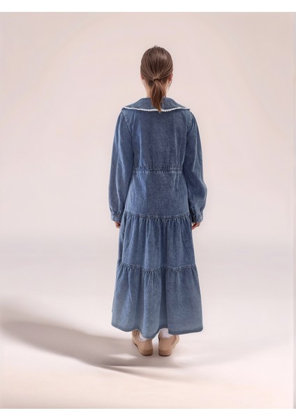 Kız Çocuk Denim Kot Kumaş %100 Pamuk Orta Kalınlıkta Çocuk Elbisesi - Şık ve Rahat Uzun ELBISE-ELB-0028