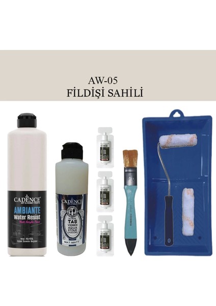 Boya Fayans Tezgah B -Ambiente Islak Zemin Aw-05 Fildişi S. 500ML Katalizör 30GR Mat Taş Vernik 250 Saten Rulo Set.