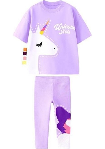 Renkli Unicorn Baskılı ve Aplikeli Lilataytlı Takım