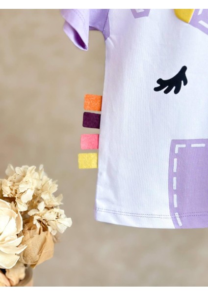 Renkli Unicorn Baskılı ve Aplikeli Lilataytlı Takım