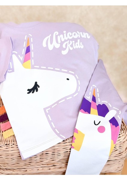 Renkli Unicorn Baskılı ve Aplikeli Lilataytlı Takım