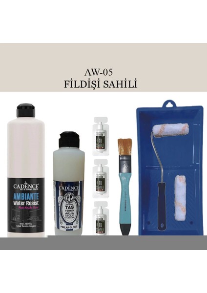 Boya Fayans Tezgah B-Ambiente Islak Zemin Aw-05 Fildişi S. 500ML Katalizör 30GR Taş Vernik 250 Saten Rulo Set