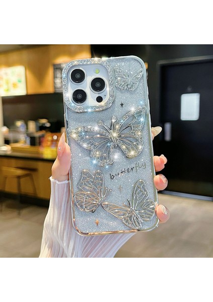 Yuax Apple iPhone 16 Pro Max Uyumlu Kılıf Taşlı Kelebek Figürlü Yumuşak Silikon Case Beyaz