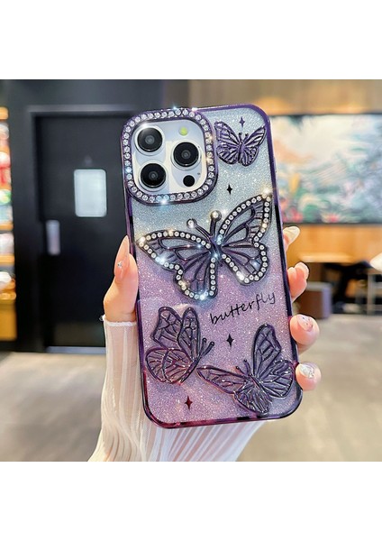 Yuax Apple iPhone 14 Pro Max Uyumlu Kılıf Taşlı Kelebek Figürlü Yumuşak Silikon Case Mor