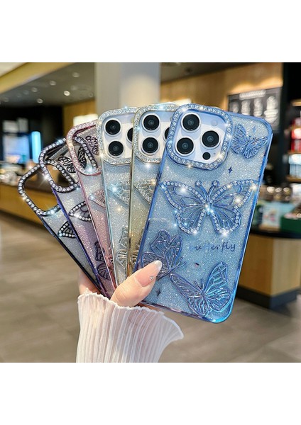 Yuax Apple iPhone 14 Pro Max Uyumlu Kılıf Taşlı Kelebek Figürlü Yumuşak Silikon Case Mor fiyatları