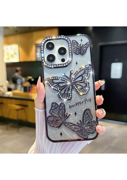 Yuax Apple iPhone 16 Pro Max Uyumlu Kılıf Taşlı Kelebek Figürlü Yumuşak Silikon Case Siyah