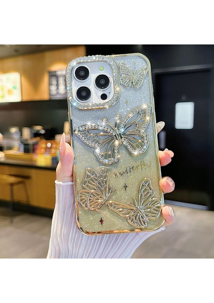 Yuax Apple iPhone 11 Uyumlu Kılıf Taşlı Kelebek Figürlü Yumuşak Silikon Case Sarı