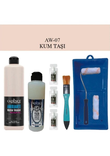 Boya Fayans Tezgah B-Ambiente Islak Zemin Aw-07 Kumtaşı 500ML Katalizör 30GR Taş Vernik 250 Saten Rulo Set