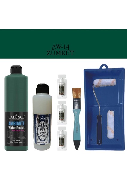 Boya Fayans Tezgah B-Ambiente Islak Zemin Aw-14 Zümrüt 500ML Katalizör 30GR Taş Vernik 250 Saten Rulo Set