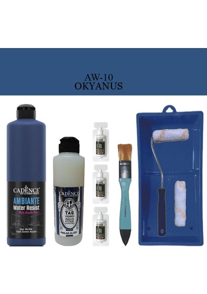 Boya Fayans Tezgah B-Ambiente Islak Zemin Aw-10 Okyanus 500ML Katalizör 30GR Taş Vernik 250 Saten Rulo Set