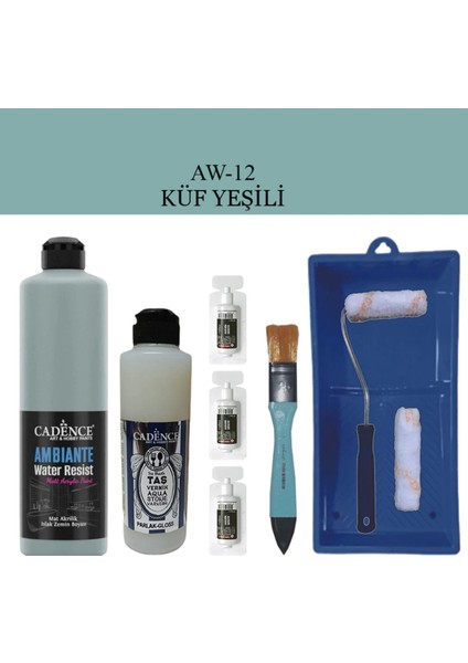 Boya Fayans Tezgah B-Ambiente Islak Zemin Aw-12 Küfyeşil 500ML Katalizör 30GR Taş Vernik 250 Saten Rulo Set
