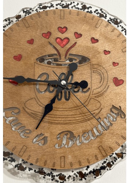 Ahşap Duvar Saati - Coffee Love Is Brewing - Epoksi Reçine Kaplamalı - 30 cm