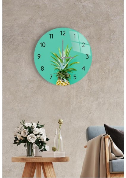 Yeşil Ananas Cam Duvar Saati, Modern Yuvarlak Tasarım, Metalik Renk, UV Baskı