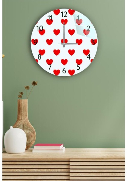 Kırmızı Kalpler Dekoratif Cam Duvar Saati, Modern Stil, Pilli Çalışma, UV Baskılı
