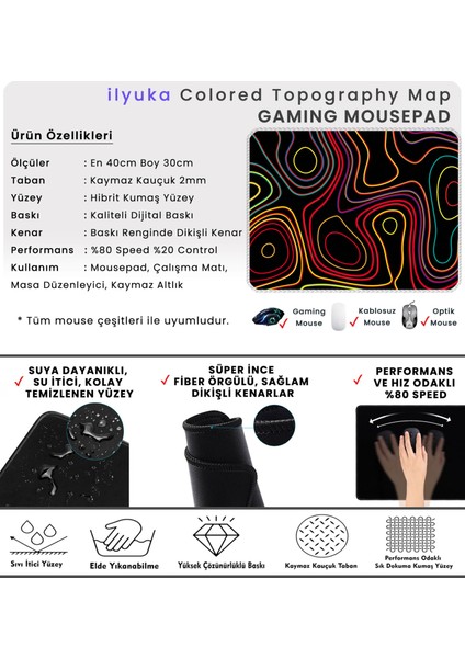 Mouse Pad 40X30 cm Colored Topography Map Ilyuka MP374030 Gaming Oyuncu Dikişli Kenar Pürüzsüz Yüzey Kaymaz Kauçuk Taban