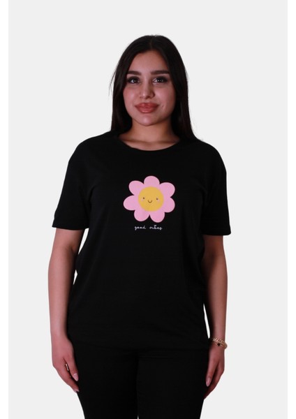 Good Vibes Baskı Siyah Kadın T-Shirt