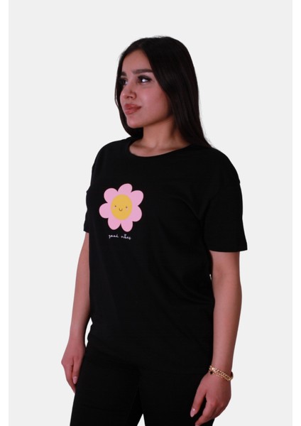 Good Vibes Baskı Siyah Kadın T-Shirt