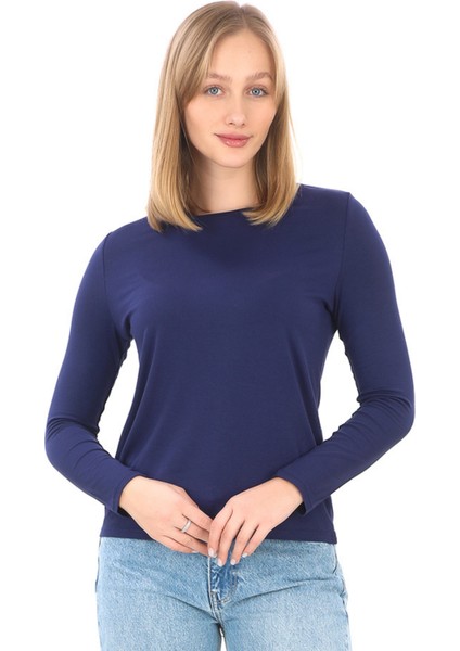 Kadın Bisiklet Yaka Viskon Likra Uzun Kollu Tişört-Lacivert