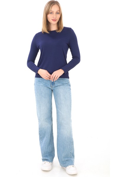 Kadın Bisiklet Yaka Viskon Likra Uzun Kollu Tişört-Lacivert fiyatları