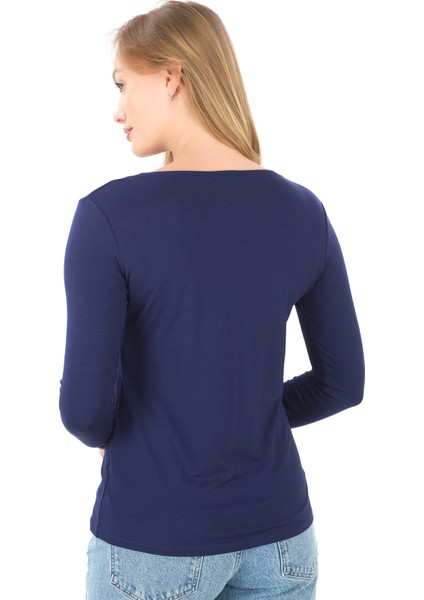 Kadın Bisiklet Yaka Viskon Likra Uzun Kollu Tişört-Lacivert fırsatları