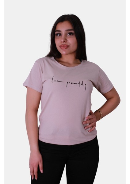 Lıve Passıonatıly Baskı Relaxed Fit Bej Kadın T-Shirt