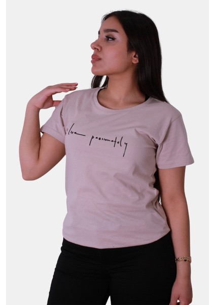Lıve Passıonatıly Baskı Relaxed Fit Bej Kadın T-Shirt
