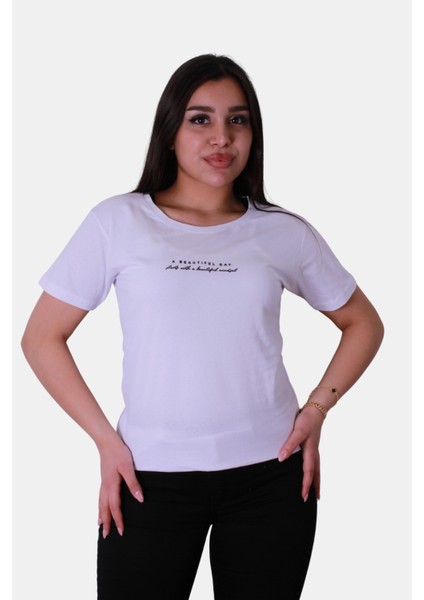 A Beautıful Day Baskı Slim Fit Beyaz Kadın T-Shirt